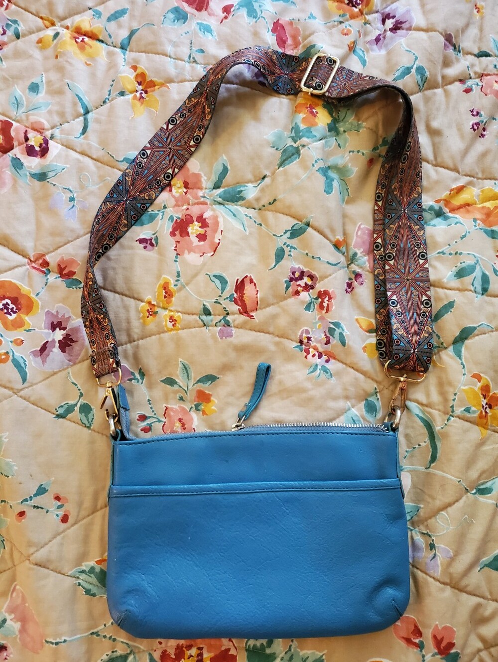 Turquoise Leather Small Crossbody Bag with Patterned Adjustable Strap